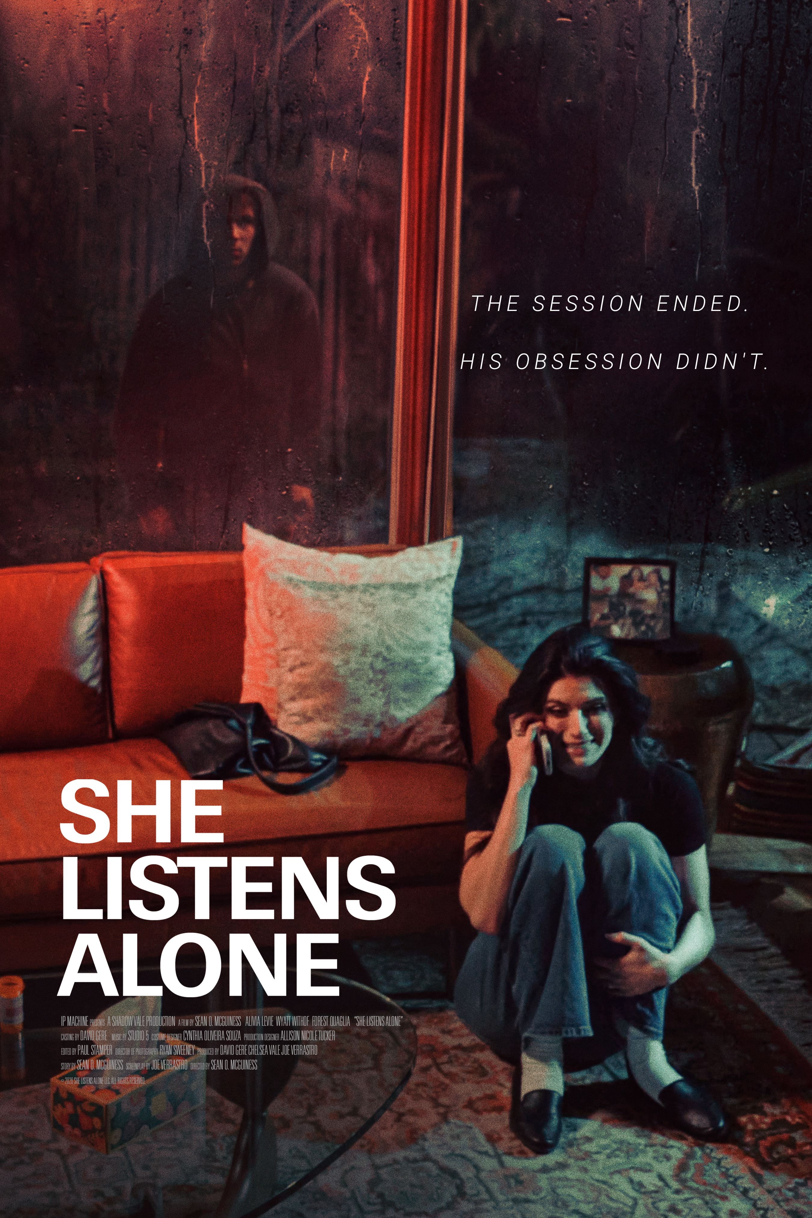 She Listens Alone official poster: Sabrina on the phone, with a hooded figure beyond the window