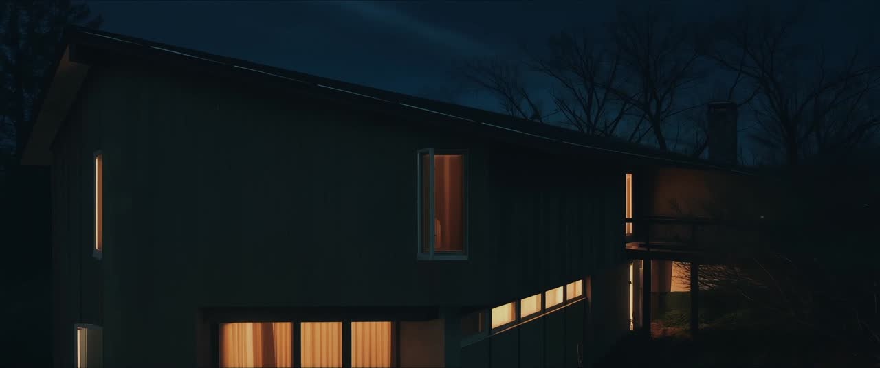 An isolated house at night in She Listens Alone